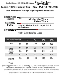 Size chart for 100% mulberry silk long sleeve bow blouse with measurements in cm