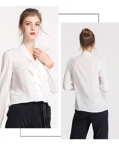Detailed views of white silk long-sleeve shirt with elegant bow tie neck and pearl buttons