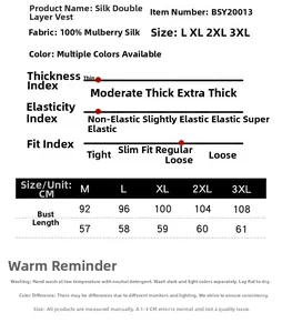 Size chart and fabric details for 100% mulberry silk crepe de chine tank top