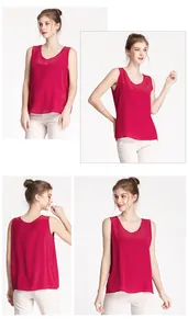 Detail showing various angles of the rose red silk round neck sleeveless tank top
