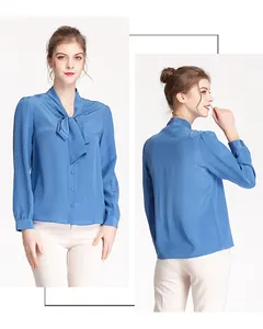 Detailed front and back view of elegant royal blue silk shirt with pussy-bow tie