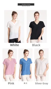 Color options for V-neck silk top in white, black, dusty rose, sea blue, and silver grey
