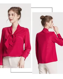 Detailed views of the red silk blouse featuring an elegant large bow tie neck design