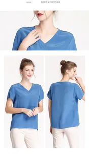 Detailed views of women's V-neck silk top in dark blue with comfortable loose fit