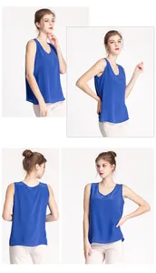 Three-angle view of a royal blue silk crepe tank top showing front, back, and side fit