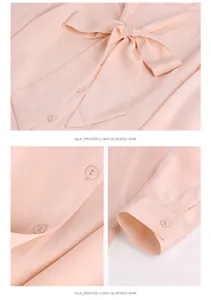 Detailed view of silk shirt with elegant bow tie, silk fabric texture, and round buttons