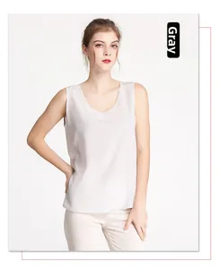 Detailed close-up of grey silk crepe de chine tank top featuring a round neckline