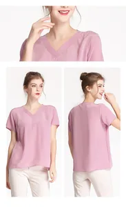 Detailed views of pink silk V-neck blouse showing front, back, and neckline texture