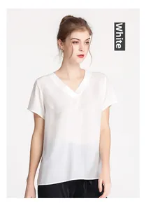 Front view of white V-neck silk blouse with a smooth texture and elegant relaxed fit