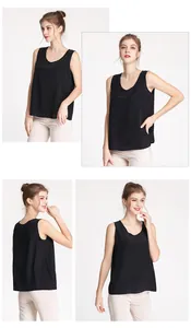 Collage of loose black silk tank top showing front, side, and back views on a model