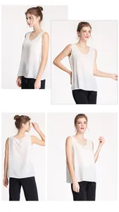 Multi-angle view of a white sleeveless silk tank top showing the fit and drape