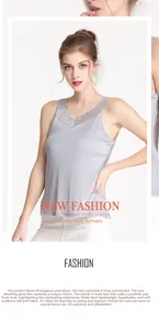 Close-up of grey silk camisole featuring delicate lace V-neckline and knit texture