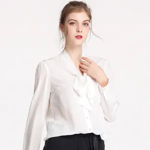 Elegant white silk long-sleeve shirt for women featuring a pussy-bow neck and draped fit
