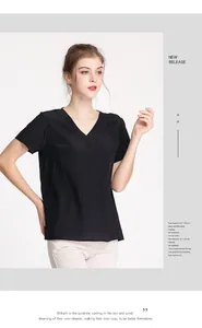 Detail view of premium black silk V-neck short sleeve top with elegant drape and texture