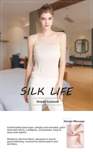 Close-up of pink mulberry silk knit camisole with delicate lace trim at the neckline