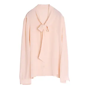Elegant silk long-sleeve blouse in light pink with bow tie neckline and front buttons