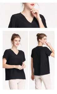 Detail view of V-neck neckline and texture of black heavy silk short sleeve top
