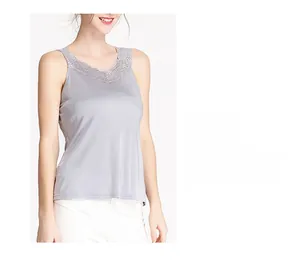 Close-up of elegant lace trim neckline on a gray silk camisole for women