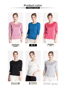 Detailed color palette showing six silk knit tops in red, blue, black, and white