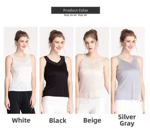 Collage of silk camisoles with lace trim shown in white, black, beige, and silver gray