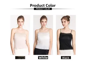 Detailed comparison of beige, white, and black silk camisoles with delicate lace trim