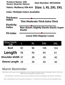 Size chart for silk 3/4 sleeve top with detailed measurements in L to 3XL sizes