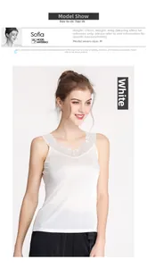 Detailed view of white silk camisole featuring delicate floral lace V-neckline texture