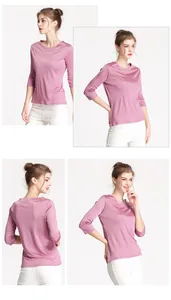Detailed views of women's silk knit top with 3/4 sleeves in an elegant dusty pink hue