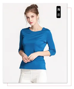 Detail of boat neck silk knit top with 3/4 sleeves in elegant sea blue color