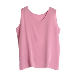 Pink silk crepe sleeveless tank top for women with round neck and loose summer fit