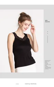 Detail view of a black silk camisole featuring delicate floral lace trim at the neckline