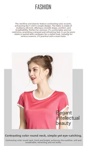 Détail d'un t-shirt en maille de soie rose avec bordures contrastées blanches au col et manches
