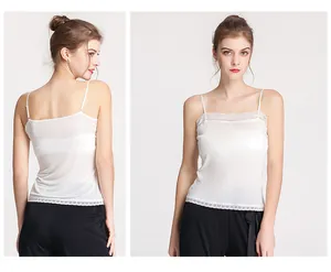 Detailed front and back view of a white mulberry silk camisole with delicate lace trim