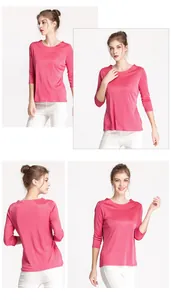 Collage showing front and back views of a rose pink silk knit top with boat neck