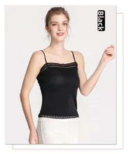 Detail of black mulberry silk camisole with delicate lace trim and thin shoulder straps