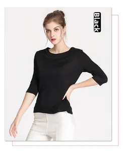 Detail view of a black silk knit top with 3/4 sleeves and elegant boat neckline