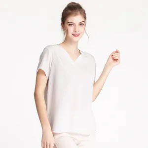 Elegant V-neck silk short sleeve top for women in a loose fit light beige satin fabric