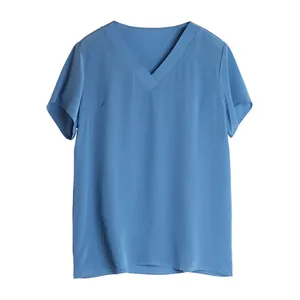Women's V-neck silk short sleeve top in elegant blue with a loose fit minimalist design