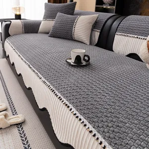 Thick corduroy sofa cover with ruffled edges and non-slip textured fabric for home decor