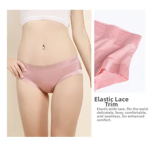Macro detail of seamless elastic lace waistband on silk knit underwear for women