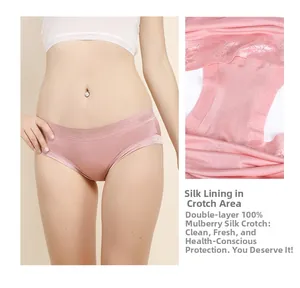 Detail of silk panties featuring lace edges and a double-layer 100% mulberry silk lining