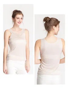Detail showing front and back view of a beige silk tank top with elegant lace neckline