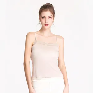 Women Mulberry Silk Lace Trim Camisole Elegant Knit Spaghetti Strap Tank Top V-Neck Inner Wear Silk Blend Base Layer Shirt