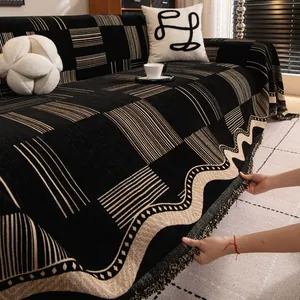 Vintage Chenille Sofa Towel Fringed Plaid Geometric Sofa Cover Throw Blanket For Living Room Protective Sofa Shield Home Decor