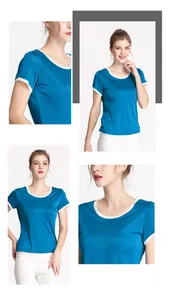 Détails du t-shirt en soie avec bordures blanches contrastées au col et aux manches