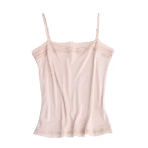Sleeveless mulberry silk camisole with lace trim and adjustable straps in light pink