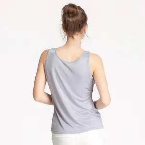 Women's silk sleeveless tank top in light grey featuring a minimalist round neck back view