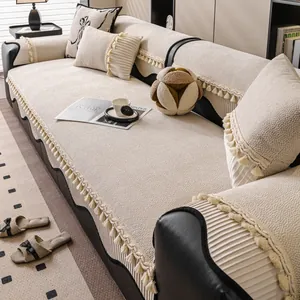 Non-Slip Chenille Sofa Cushion Thick Textured Sofa Cover With Tassels Solid Color Furniture Protector For Living Room