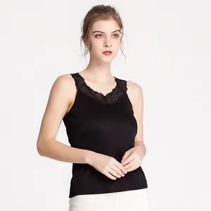 Women's silk sleeveless tank top with black lace V-neck trim in a slim fit style