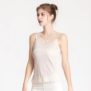 Women's silk sleeveless top with elegant lace V-neckline in skin tone, summer style